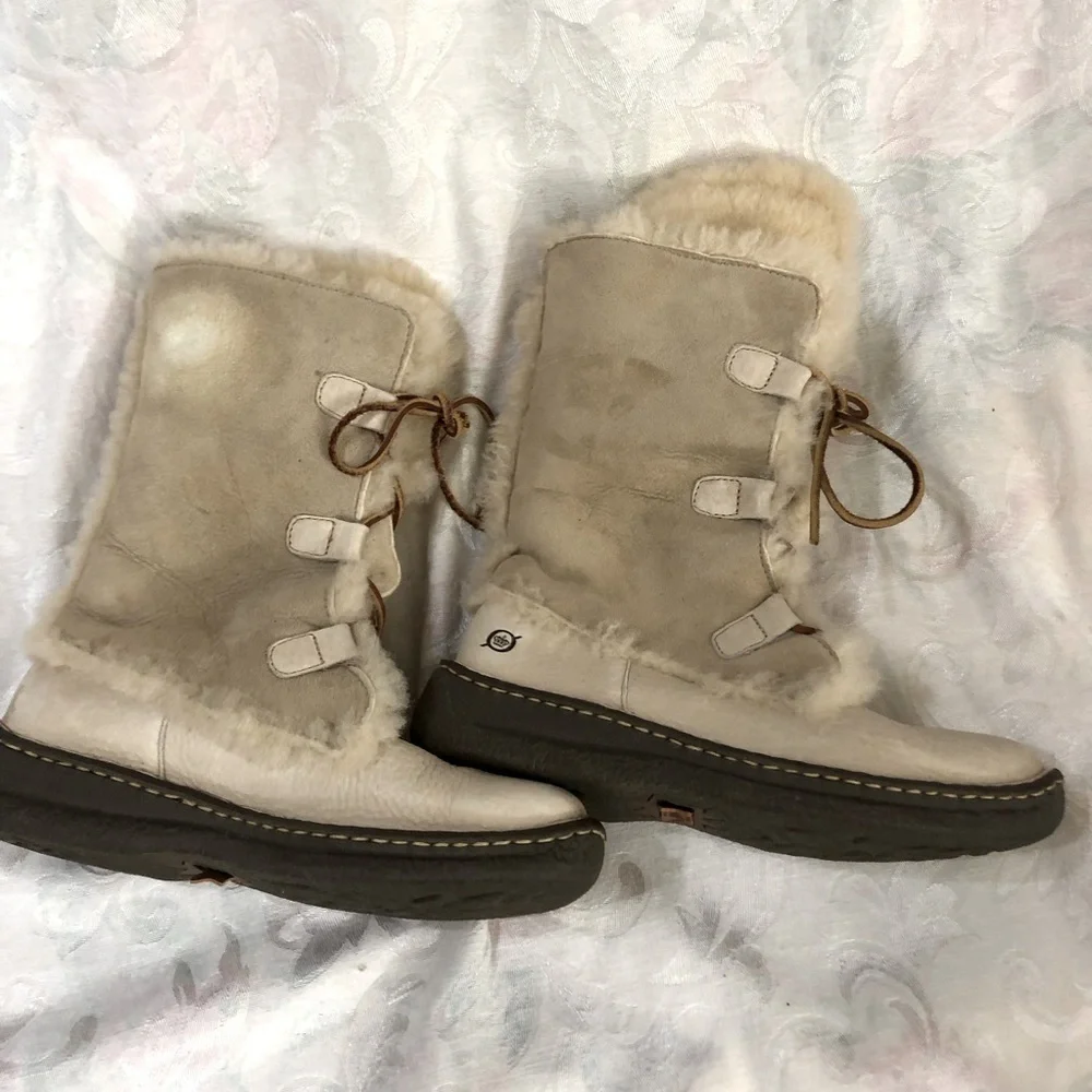 Born Vintage Suede Leather Shearling Lined Square Toe  Cream Winter Boots size 7